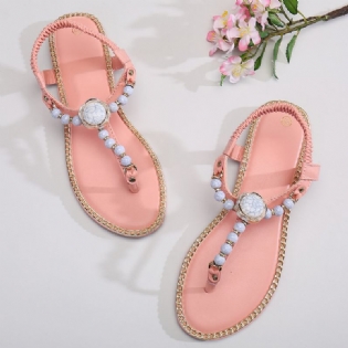 Kvinder Beading Decor Elastisk Flade Slip On Beach Clip Toe Sandaler