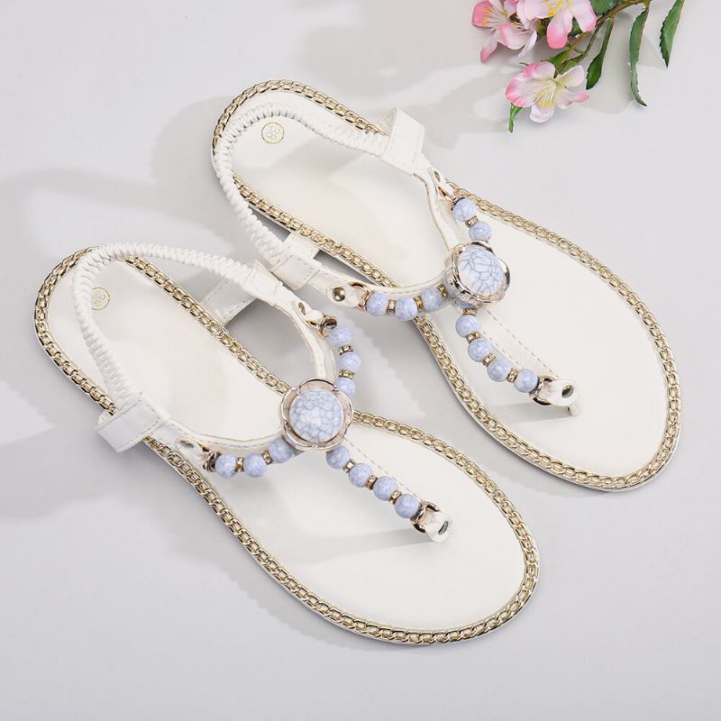 Kvinder Beading Decor Elastisk Flade Slip On Beach Clip Toe Sandaler