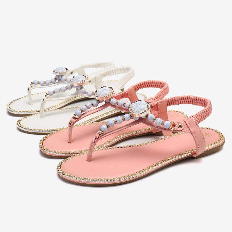 Kvinder Beading Decor Elastisk Flade Slip On Beach Clip Toe Sandaler