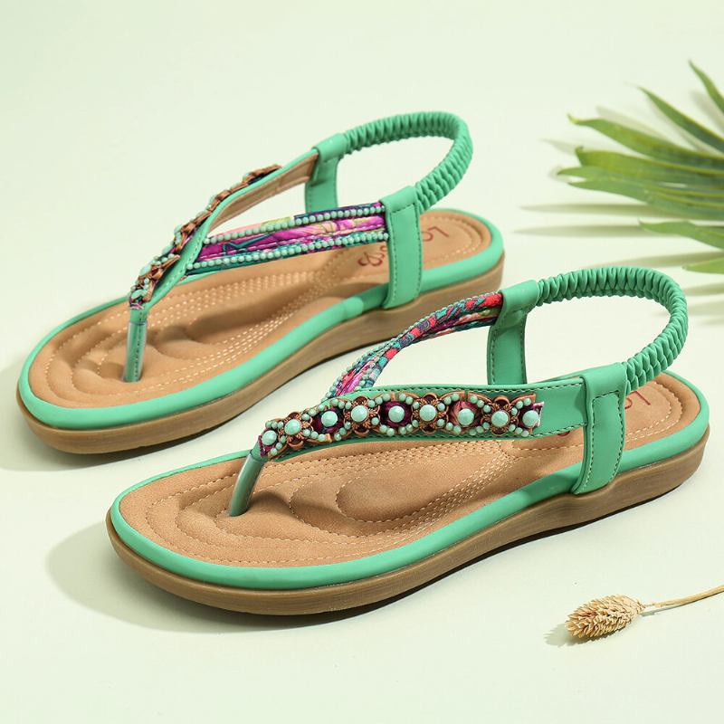 Kvinder Beading Elastisk Bånd Flip Flops Slip On Blød Sål Casual Sommersandaler