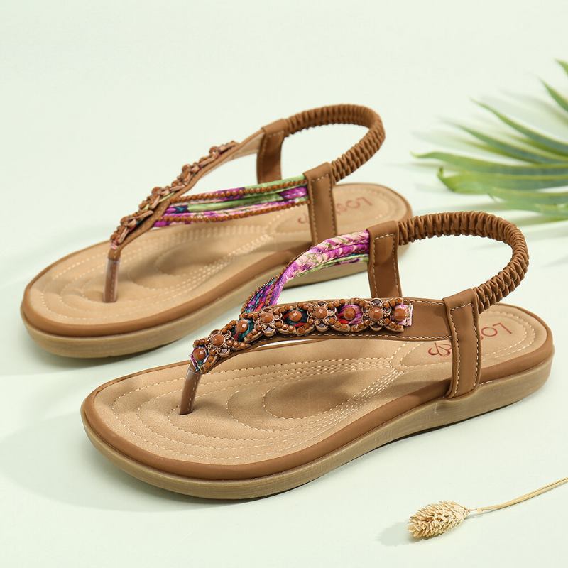 Kvinder Beading Elastisk Bånd Flip Flops Slip On Blød Sål Casual Sommersandaler