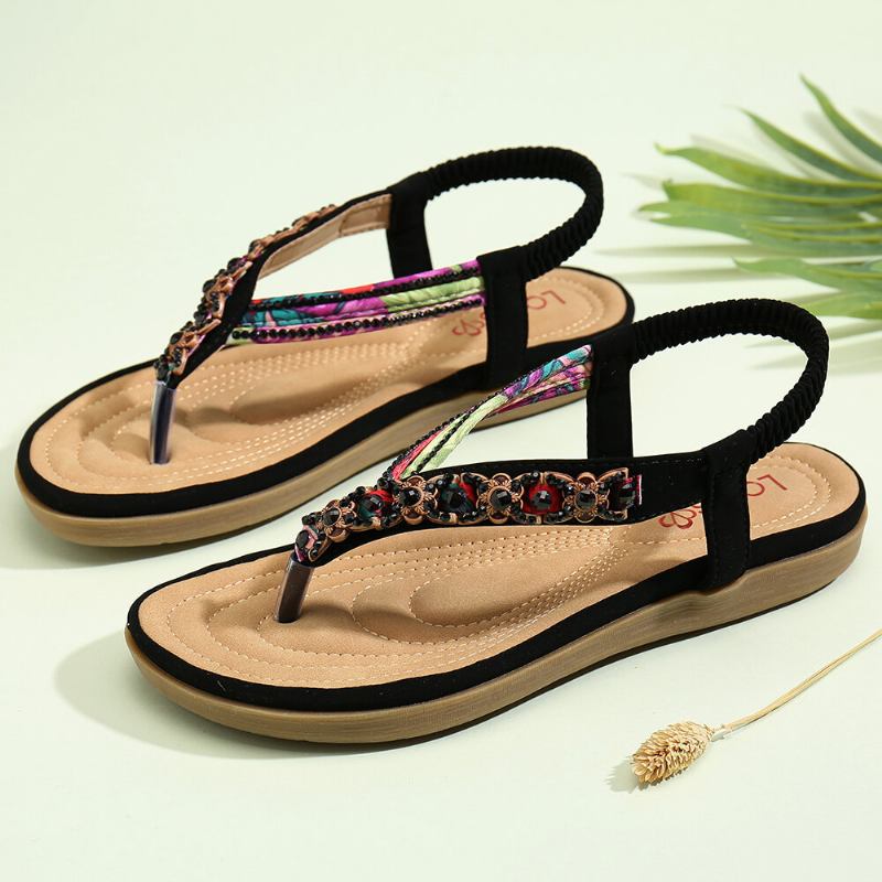 Kvinder Beading Elastisk Bånd Flip Flops Slip On Blød Sål Casual Sommersandaler