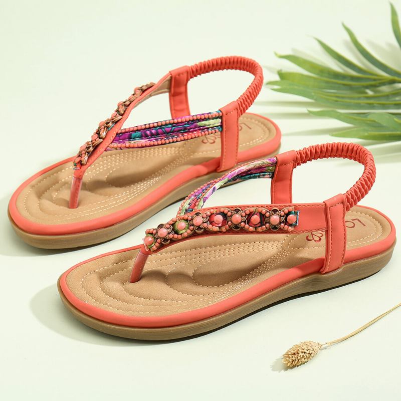 Kvinder Beading Elastisk Bånd Flip Flops Slip On Blød Sål Casual Sommersandaler