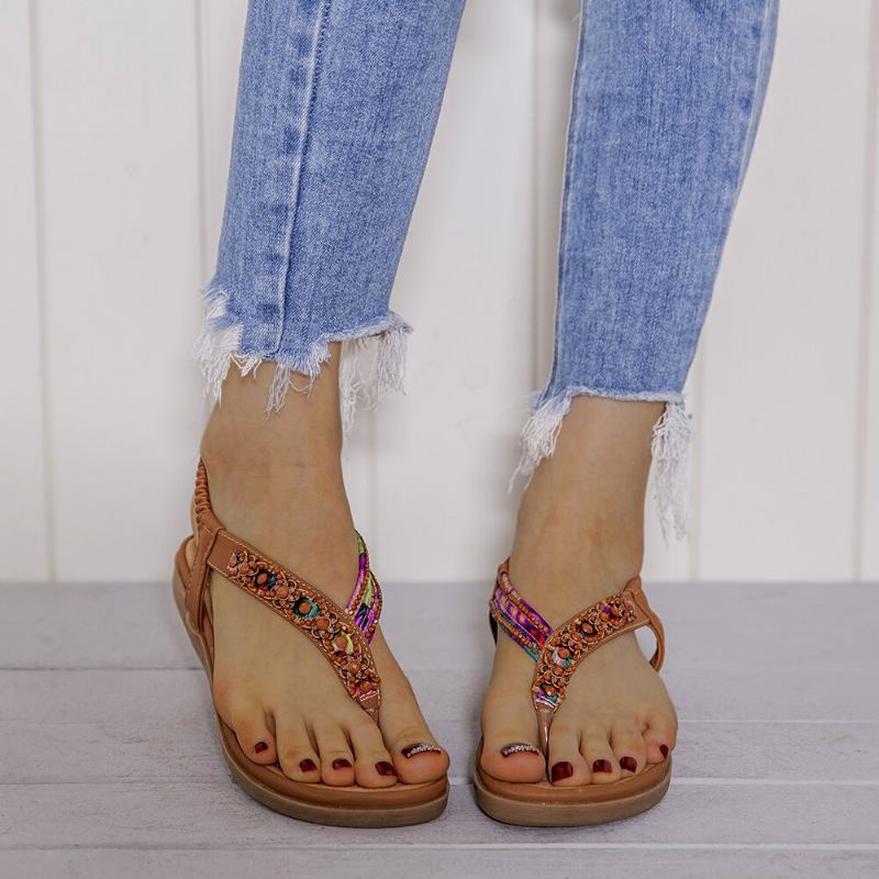 Kvinder Beading Elastisk Bånd Flip Flops Slip On Blød Sål Casual Sommersandaler