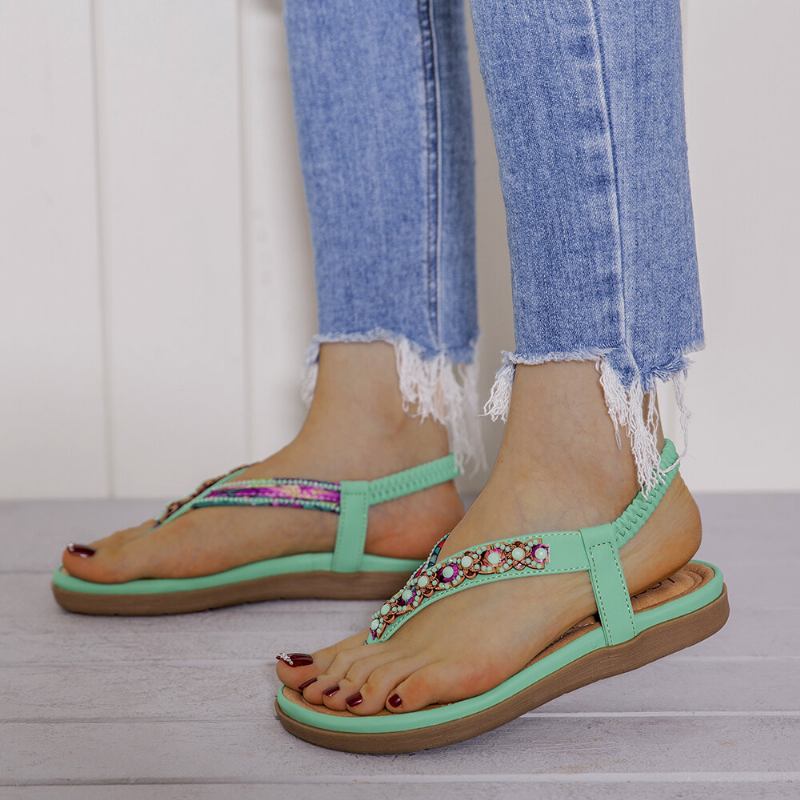 Kvinder Beading Elastisk Bånd Flip Flops Slip On Blød Sål Casual Sommersandaler