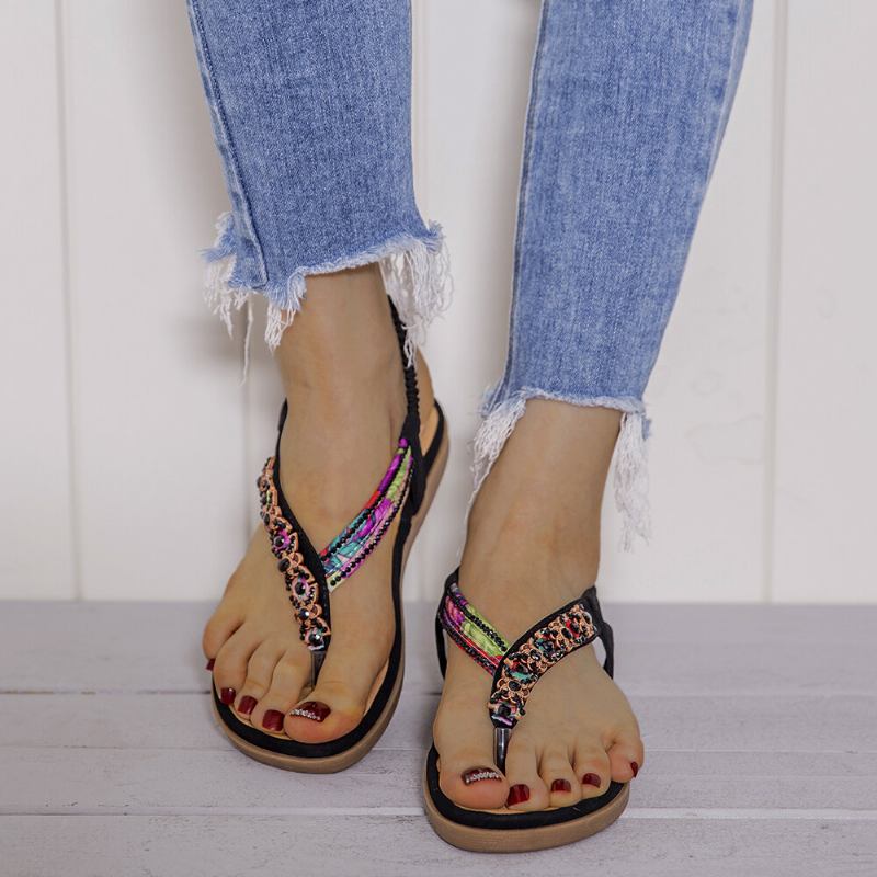 Kvinder Beading Elastisk Bånd Flip Flops Slip On Blød Sål Casual Sommersandaler