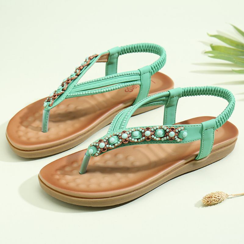 Kvinder Beading Rhinestone Elastisk Bånd Slip-on Flip Flops Casual Sandaler