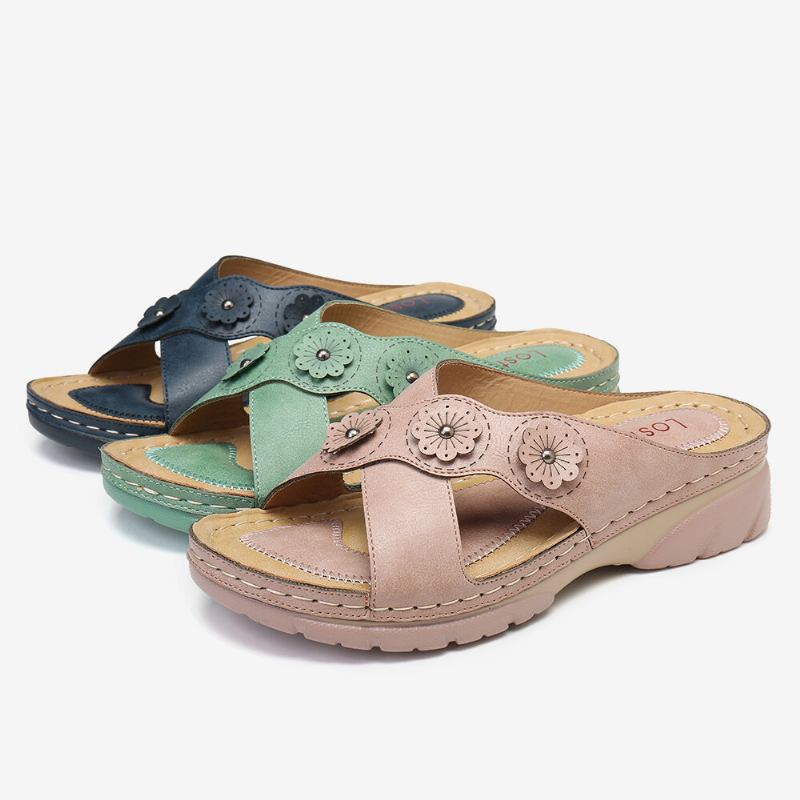 Kvinder Blomsterdekoration Cross Strap Slip On Casual Daily Beach Wedge Sandaler