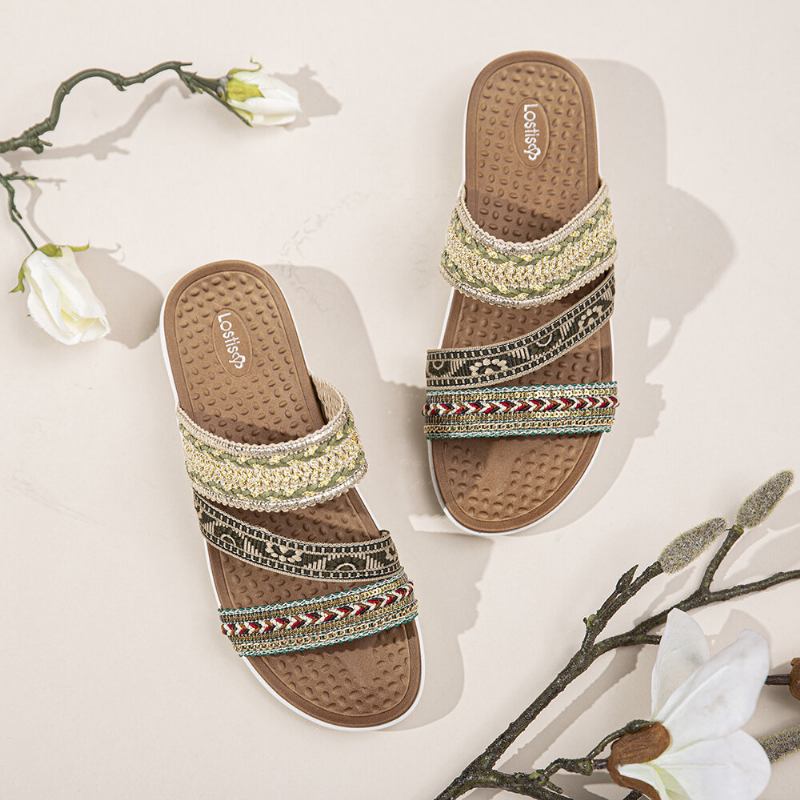 Kvinder Bohemia Åben Tå Blød Sål Casual Summer Beach Slides Flade Sandaler