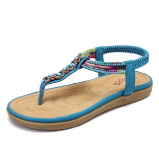 Kvinder Bohemia Beading Elastikbånd Clip Toe Blød Sål Causal Sommer Flade Sandaler