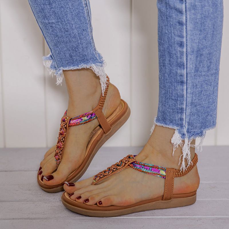 Kvinder Bohemia Beading Elastikbånd Clip Toe Blød Sål Causal Sommer Flade Sandaler