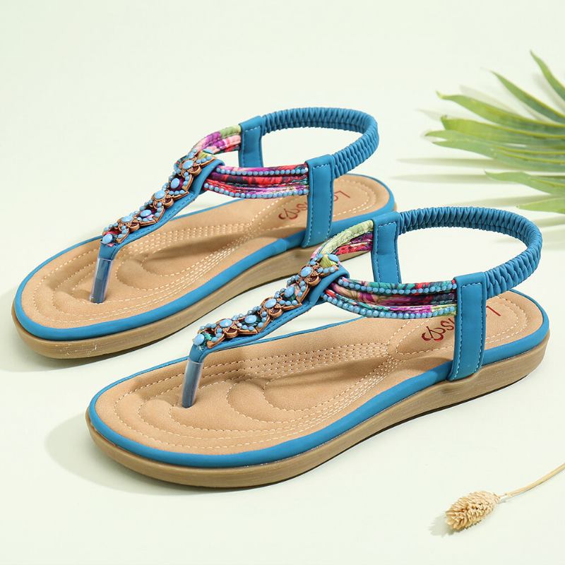 Kvinder Bohemia Beading Elastikbånd Clip Toe Blød Sål Causal Sommer Flade Sandaler