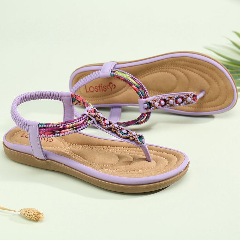 Kvinder Bohemia Beading Elastikbånd Clip Toe Blød Sål Causal Sommer Flade Sandaler