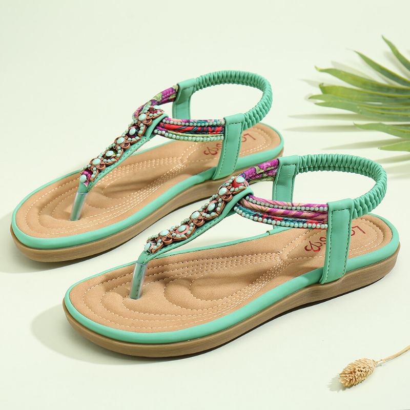 Kvinder Bohemia Beading Elastikbånd Clip Toe Blød Sål Causal Sommer Flade Sandaler