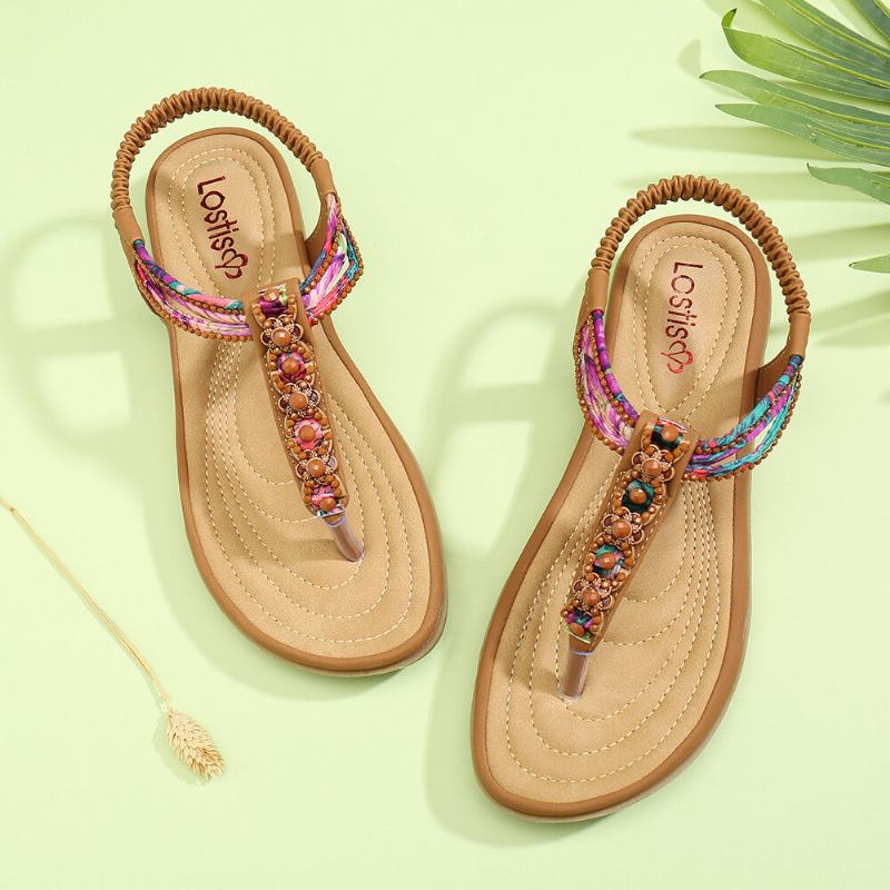 Kvinder Bohemia Beading Elastikbånd Clip Toe Blød Sål Causal Sommer Flade Sandaler