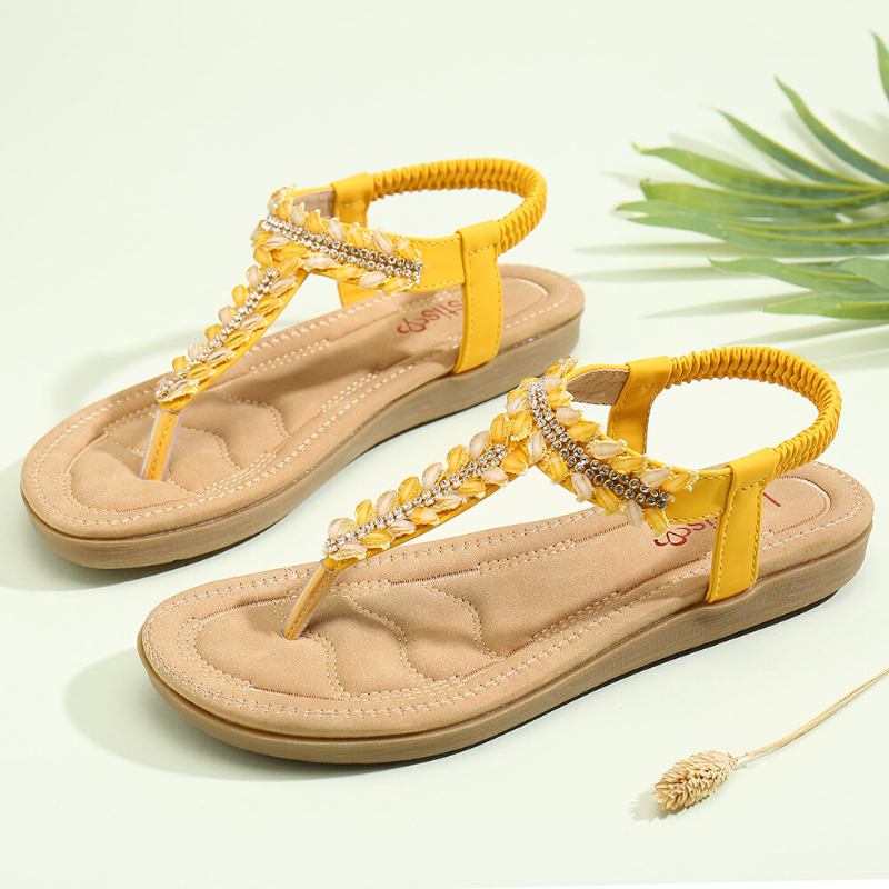 Kvinder Bohemia Beading Elastikbånd Slip On Casual Summer Beach Flade Sandaler