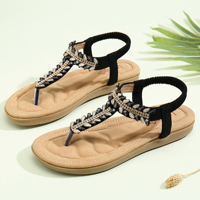 Kvinder Bohemia Beading Elastikbånd Slip On Casual Summer Beach Flade Sandaler