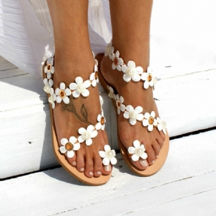 Kvinder Bohemia Flower Decro Beading Toe Ring Casual Summer Beach Flade Sandaler