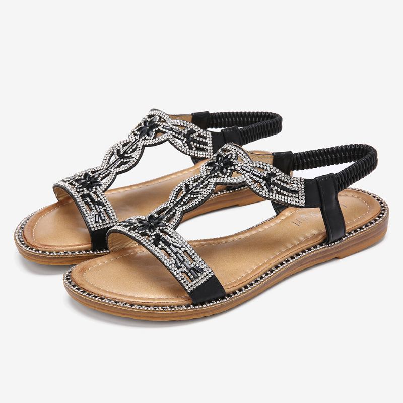 Kvinder Bohemia Rhinestone Hollow Elastic Slip On Casual Sandaler