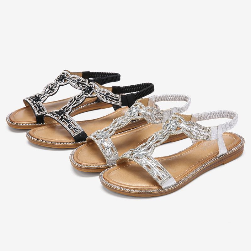 Kvinder Bohemia Rhinestone Hollow Elastic Slip On Casual Sandaler