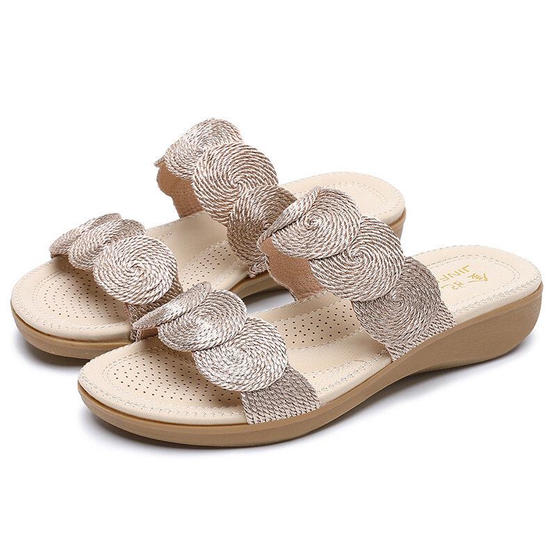 Kvinder Bohemian Double Band Woven Beach Casual Wedges Sandaler