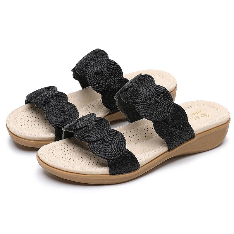 Kvinder Bohemian Double Band Woven Beach Casual Wedges Sandaler