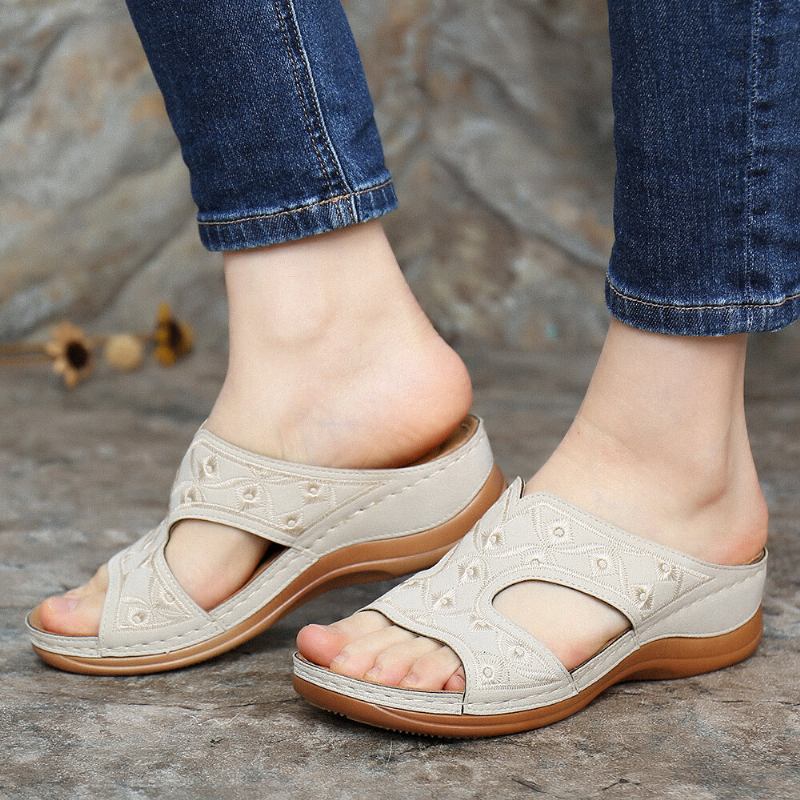 Kvinder Broderi Åben Tå Behagelig Casual Slip On Summer Wedge Sandaler