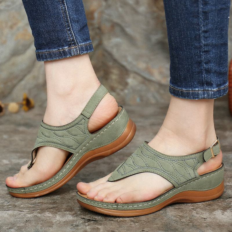 Kvinder Broderi Clip Toe Elastisk Bånd Behagelig Casual Sommer Wedge Sandaler