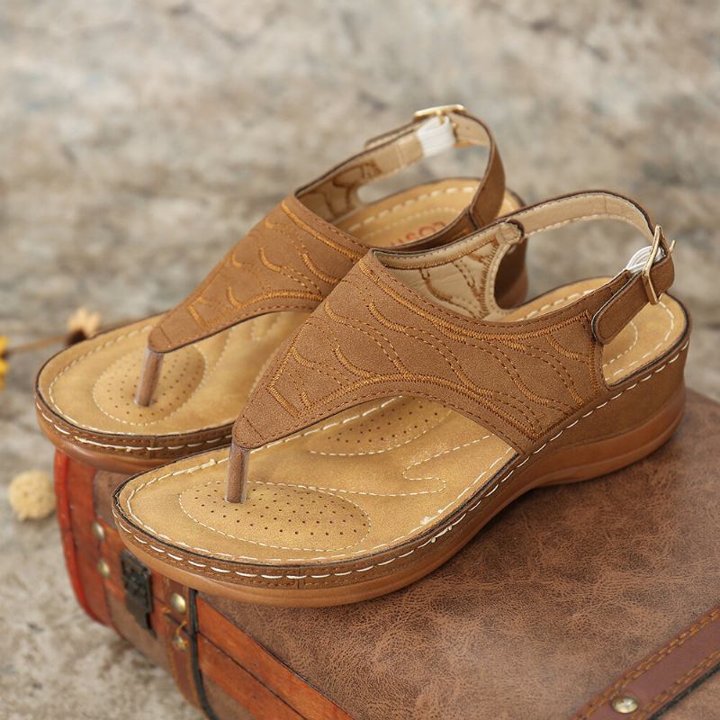 Kvinder Broderi Clip Toe Elastisk Bånd Behagelig Casual Sommer Wedge Sandaler