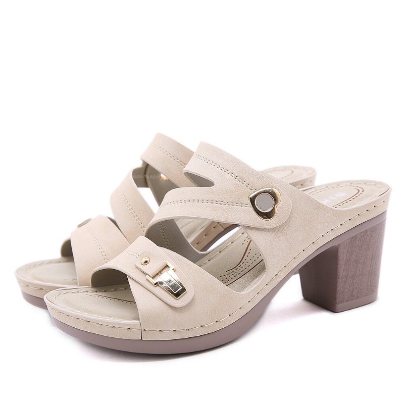 Kvinder Comfy Metal Spænde Peep Toe Rygløse Chunky Heel Sandaler