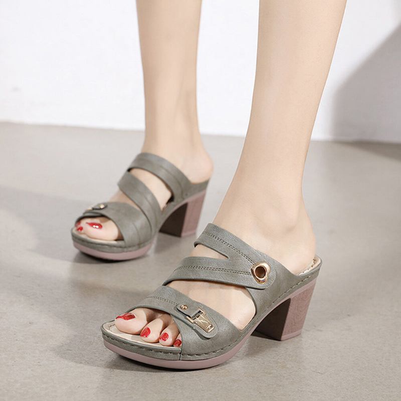 Kvinder Comfy Metal Spænde Peep Toe Rygløse Chunky Heel Sandaler