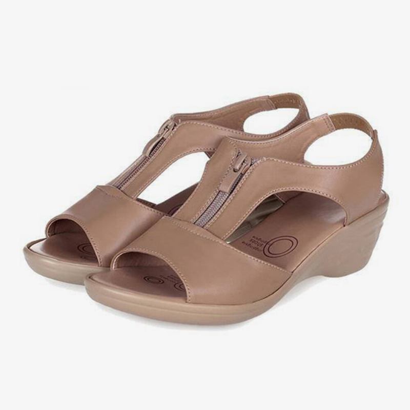 Kvinder Ensfarvet Front Lynlås Bærbare Casual Wedges Sandaler