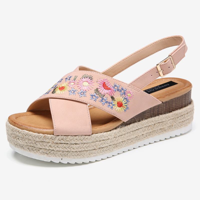 Kvinder Espadriller Broderi Blomster Cross Strap Slingback Casual Platform Sandaler