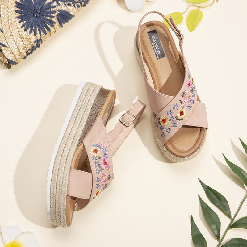 Kvinder Espadriller Broderi Blomster Cross Strap Slingback Casual Platform Sandaler