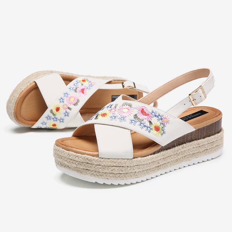 Kvinder Espadriller Broderi Blomster Cross Strap Slingback Casual Platform Sandaler