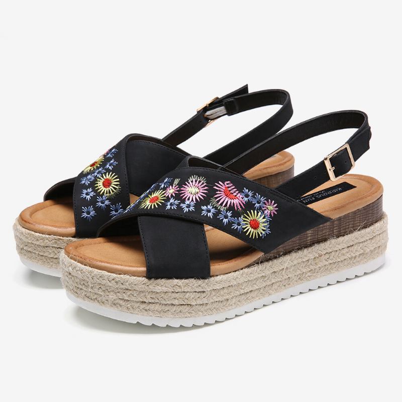 Kvinder Espadriller Broderi Blomster Cross Strap Slingback Casual Platform Sandaler