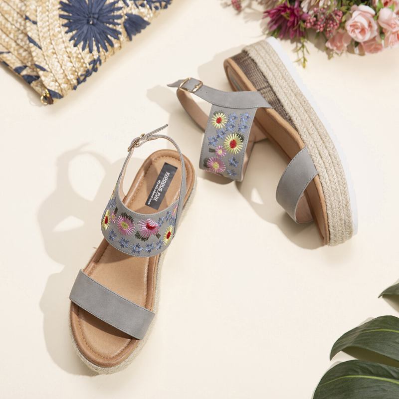 Kvinder Espadriller Broderi Blomster Spænde Strap Slingback Platform Sandaler