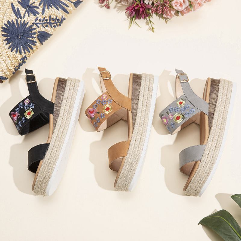 Kvinder Espadriller Broderi Blomster Spænde Strap Slingback Platform Sandaler