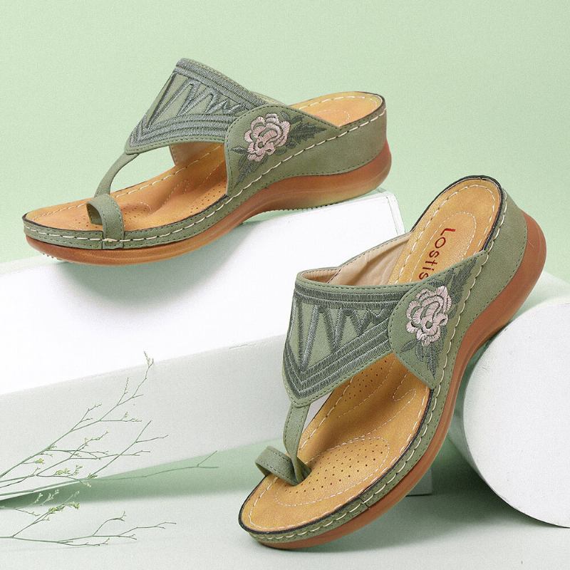 Kvinder Flower Brodery Toe Ring Comfy Casual Daily Summer Wedge Sandaler