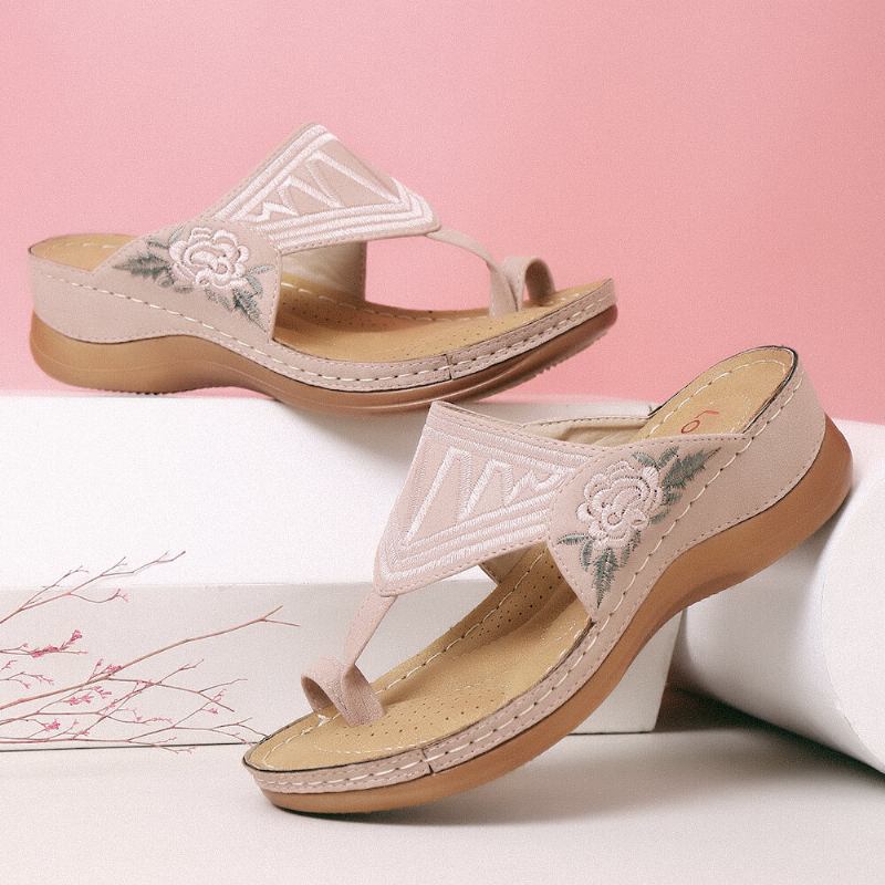 Kvinder Flower Brodery Toe Ring Comfy Casual Daily Summer Wedge Sandaler