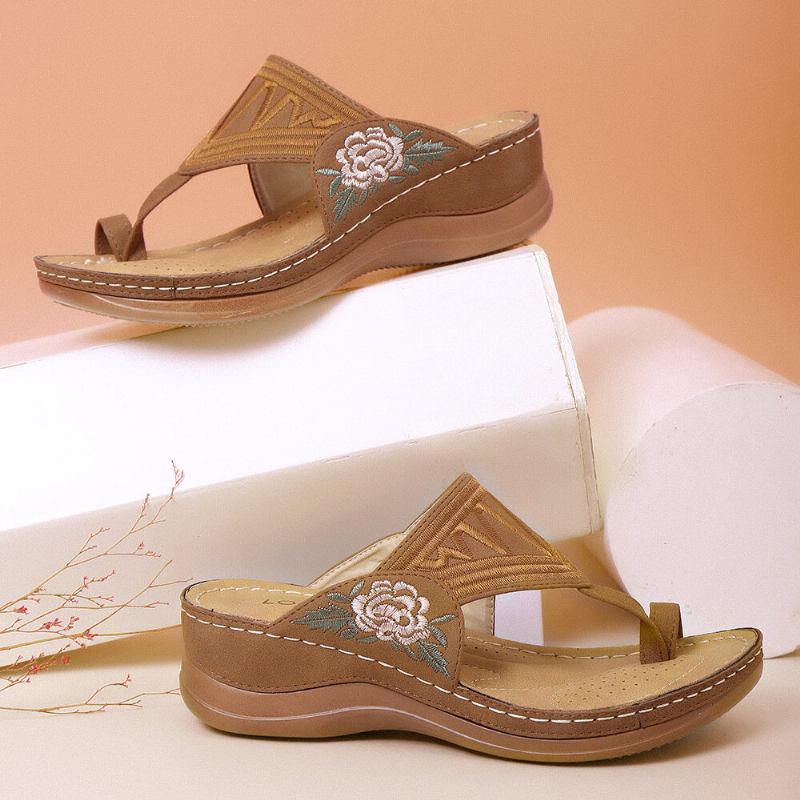 Kvinder Flower Brodery Toe Ring Comfy Casual Daily Summer Wedge Sandaler