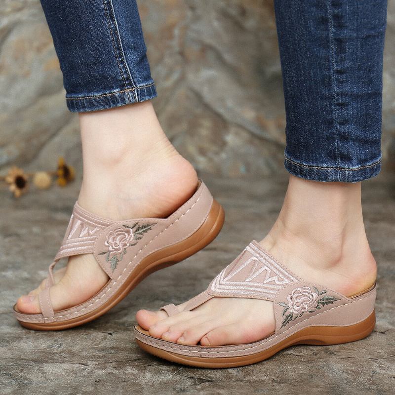 Kvinder Flower Brodery Toe Ring Comfy Casual Daily Summer Wedge Sandaler