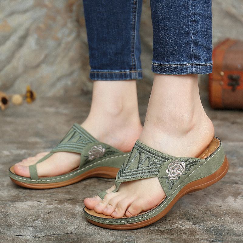 Kvinder Flower Brodery Toe Ring Comfy Casual Daily Summer Wedge Sandaler