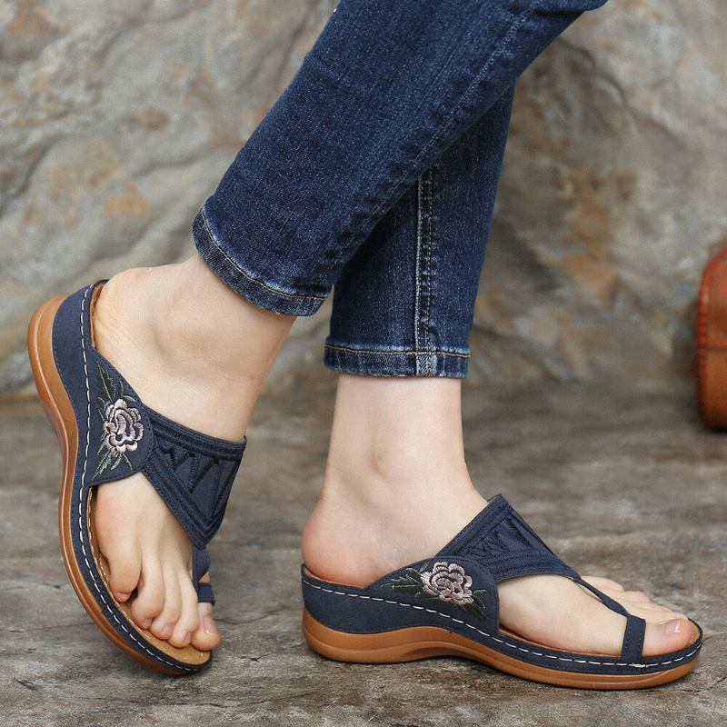 Kvinder Flower Brodery Toe Ring Comfy Casual Daily Summer Wedge Sandaler