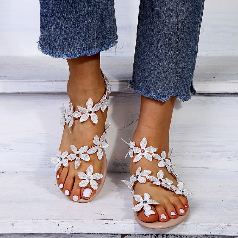 Kvinder Flower Decro Bohemia Beading Toe Ring Casual Beach Flade Sandaler