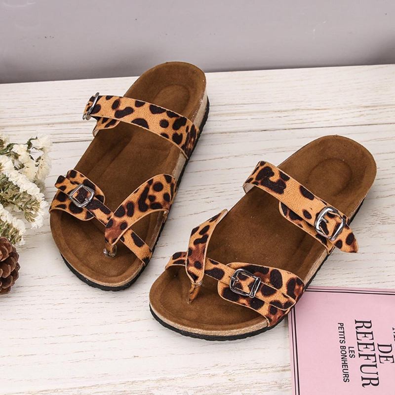 Kvinder Leopard Print Flad Tå Ring Spænde Strap Comfy Beach Sandaler