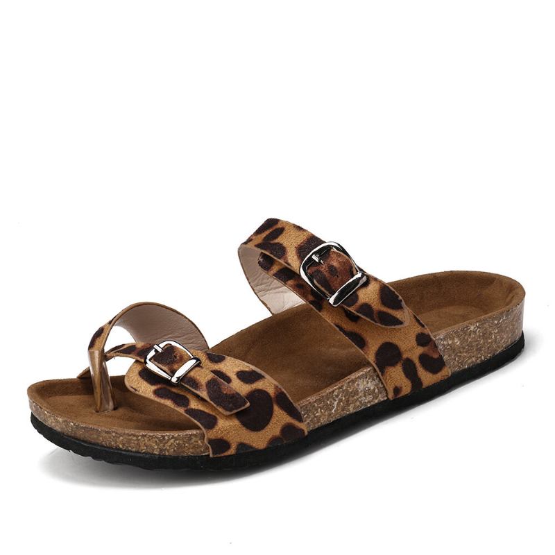 Kvinder Leopard Print Flad Tå Ring Spænde Strap Comfy Beach Sandaler