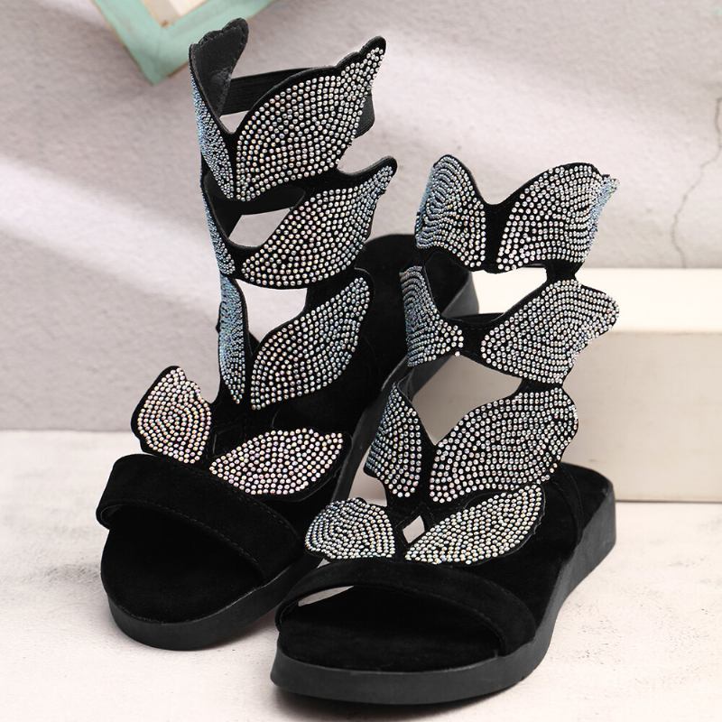 Kvinder Rhinestone Butterfly Open Toe Fashion Party Flade Sandaler