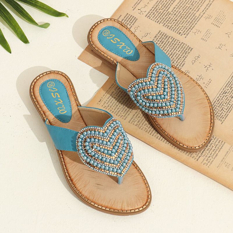 Kvinder Rhinestone Heart Shape Decor Clip Toe Flats Sandaler