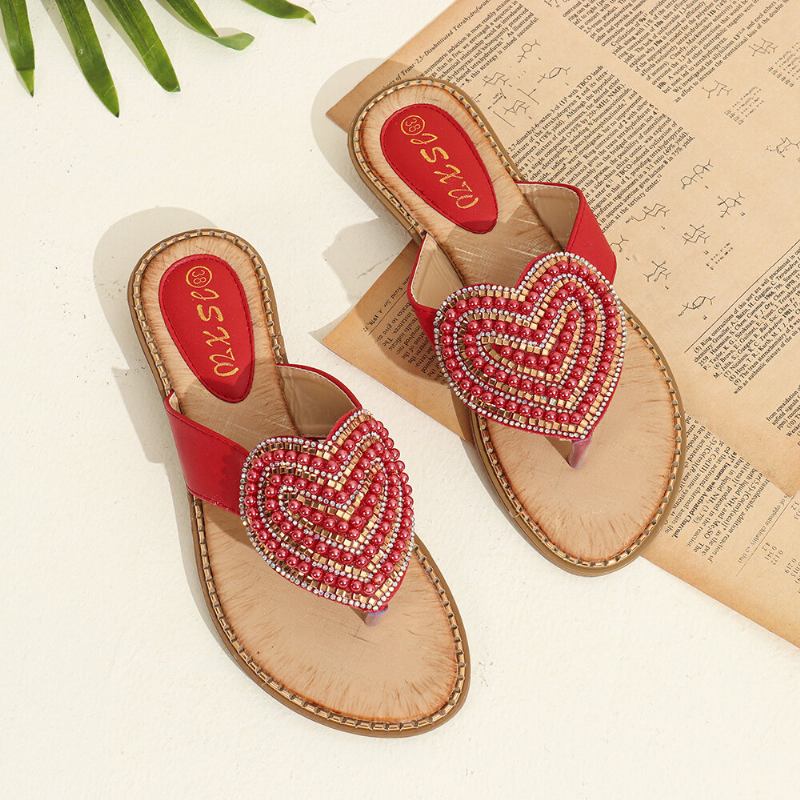 Kvinder Rhinestone Heart Shape Decor Clip Toe Flats Sandaler